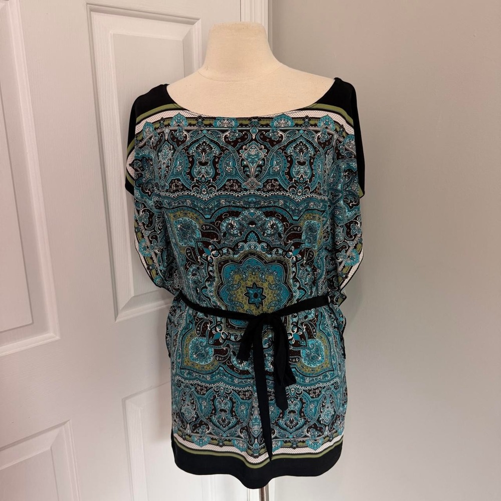 Y2K BLACK AND TEAL WRAPPER PAISLEY PRINT BELTED TOP
